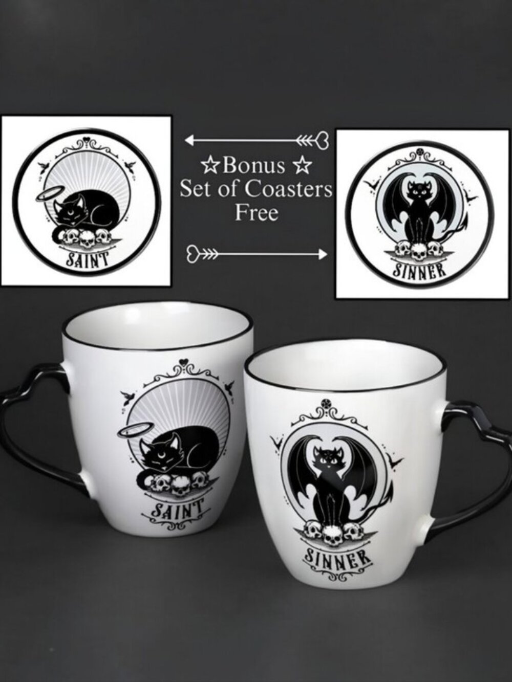 Alchemy Gothic Saint & Sinner Mug Coaster Set Black White Feline Cat NWT OS